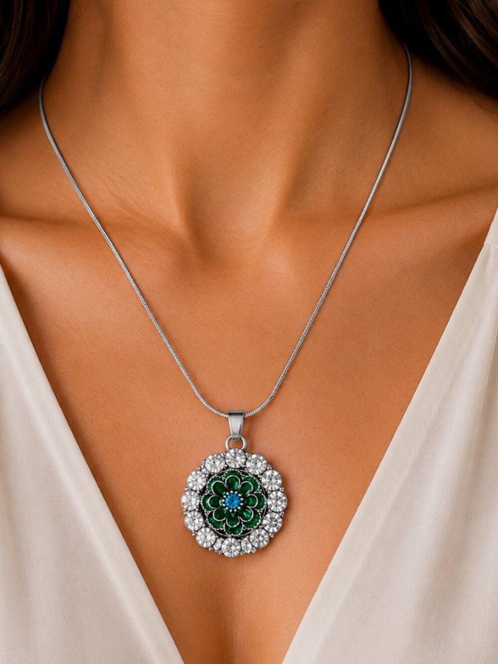 Silver Rhinestone Halo Snap Necklace Green Enamel Flower Snap